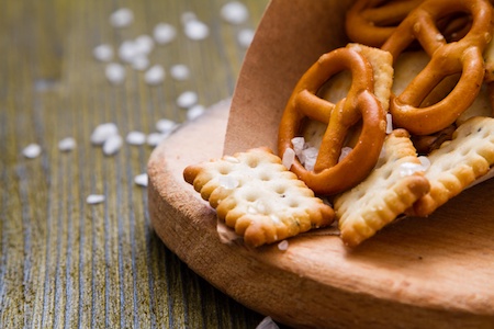 Delicious salty snack of pretzels and crackers
